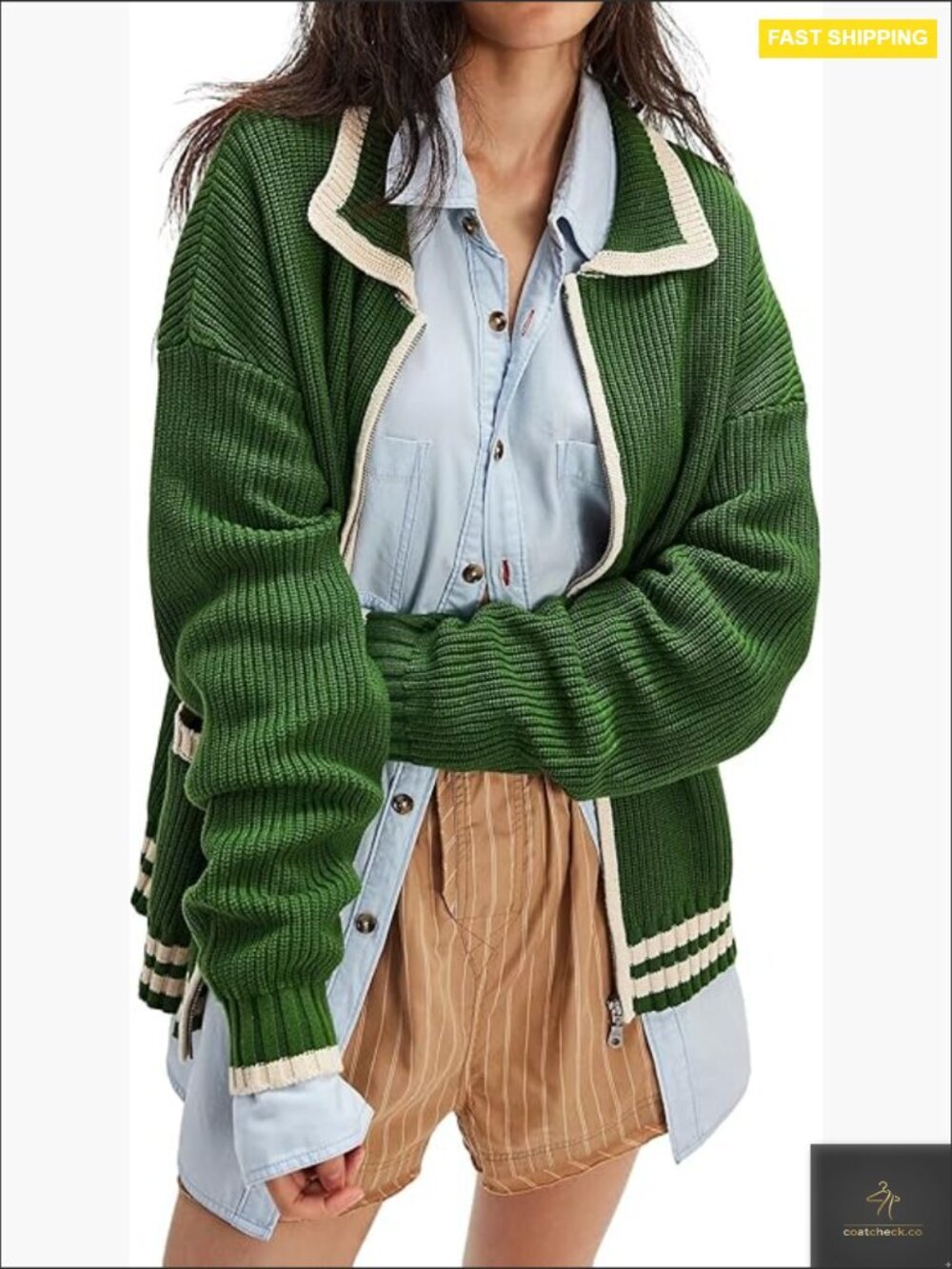 Casual Knit Zip Up Cardigan Oversized Slouchy Fall Sweater Coat Contrast Trim